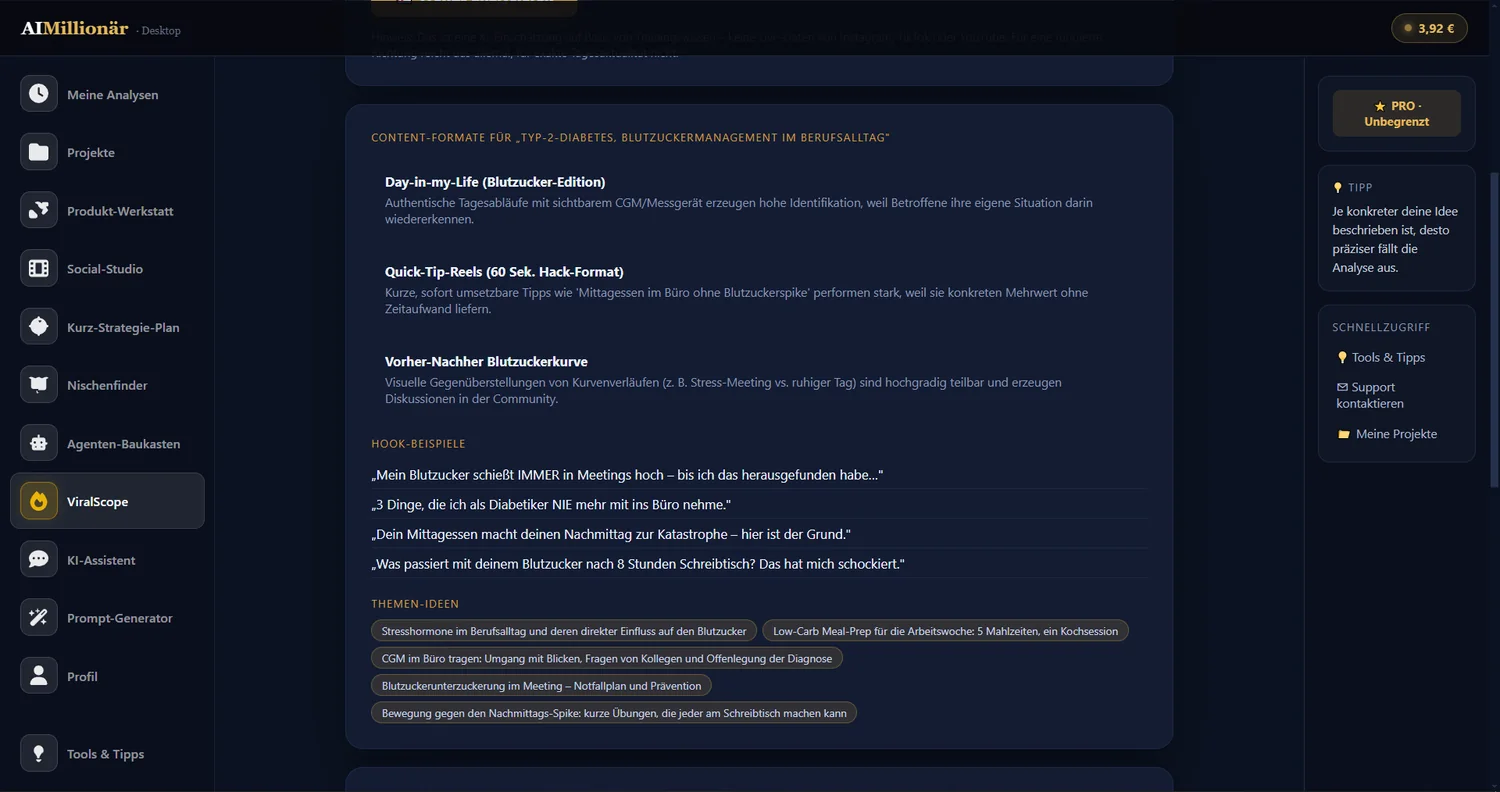 ViralScope-Ergebnis mit Content-Formaten, Hook-Beispielen und Themen-Ideen